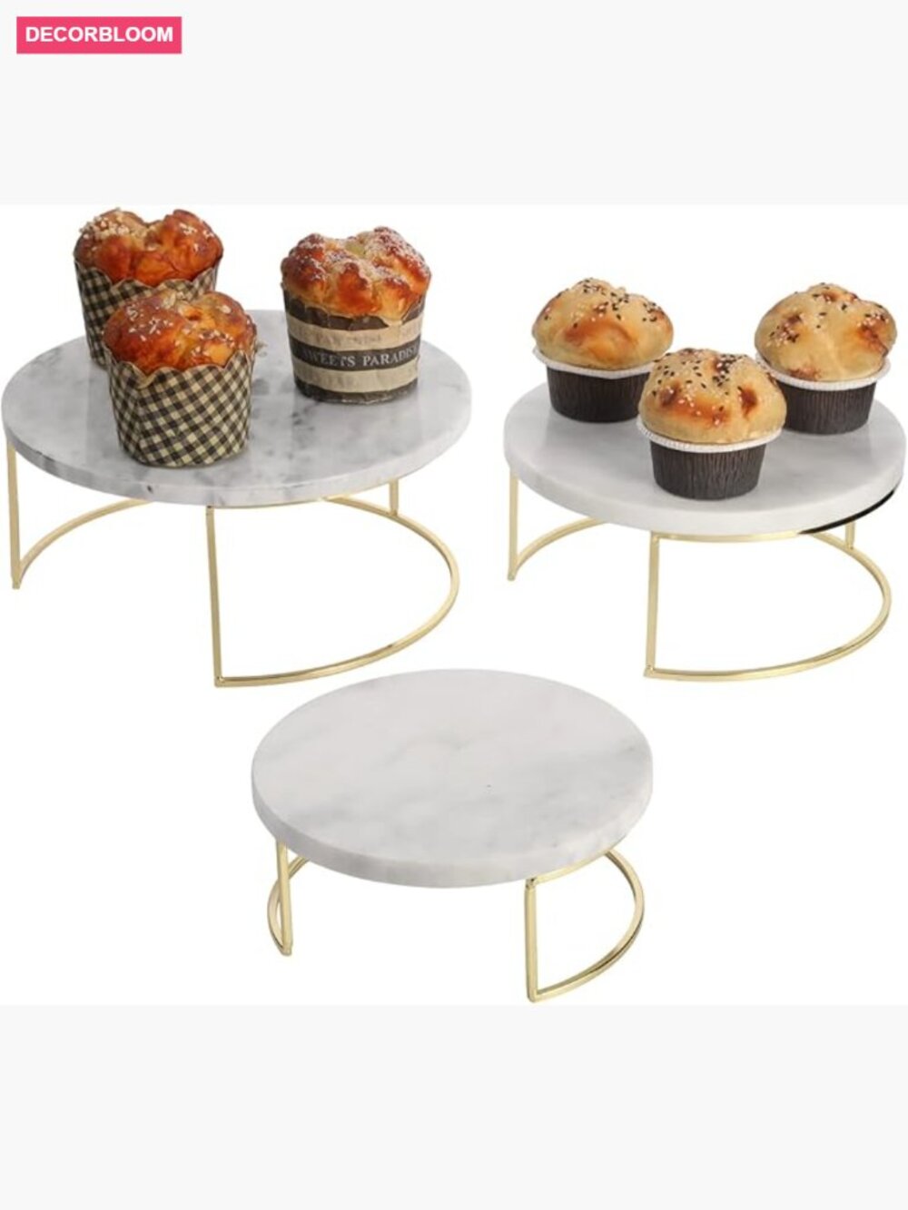 Set of 3 Marble Cake Stands with Brass Base Dessert Risers